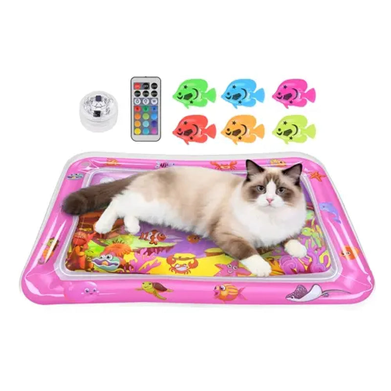 Cutiepawsome Interactive Sensory Water Mat for Kittens - 3D Floating Fish Toy, LED Light, Chirping Flapping Bird Wand, Thick PVC, Rechargeable USB-C, 440G, 67X47X7Cm/70X50Cm, Reduces Stress, Indoor Pet Enrichment Gift (Tiktok Shop Black Friday Trending),