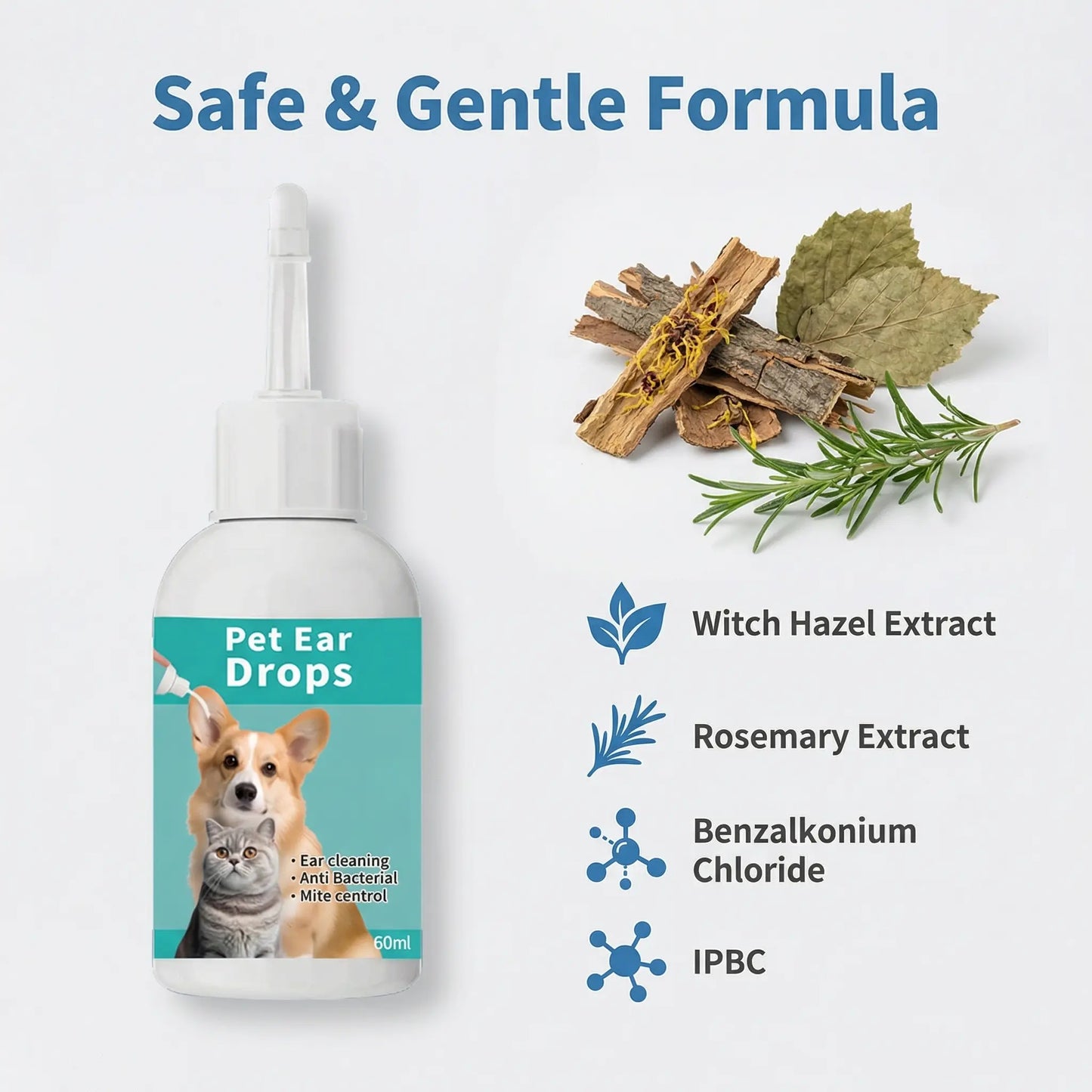 Dog Ear Cleaner for Dogs & Cats, 60 Ml Pet Ear Wash Solution with Soft Applicator Tip for Routine Ear Hygiene, Dirt & Debris Removal