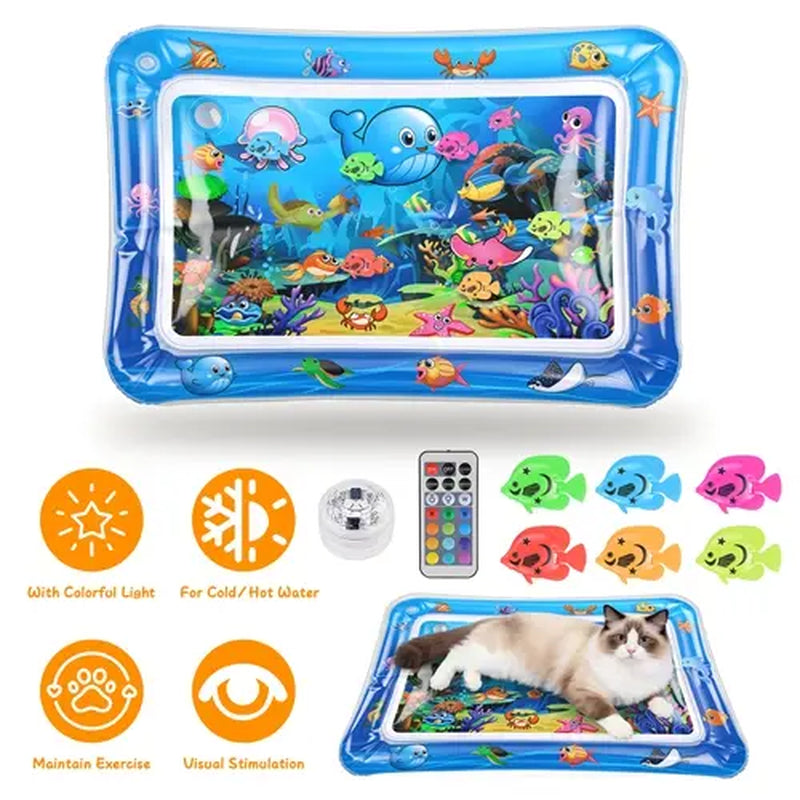Cutiepawsome Interactive Sensory Water Mat for Kittens - 3D Floating Fish Toy, LED Light, Chirping Flapping Bird Wand, Thick PVC, Rechargeable USB-C, 440G, 67X47X7Cm/70X50Cm, Reduces Stress, Indoor Pet Enrichment Gift (Tiktok Shop Black Friday Trending),