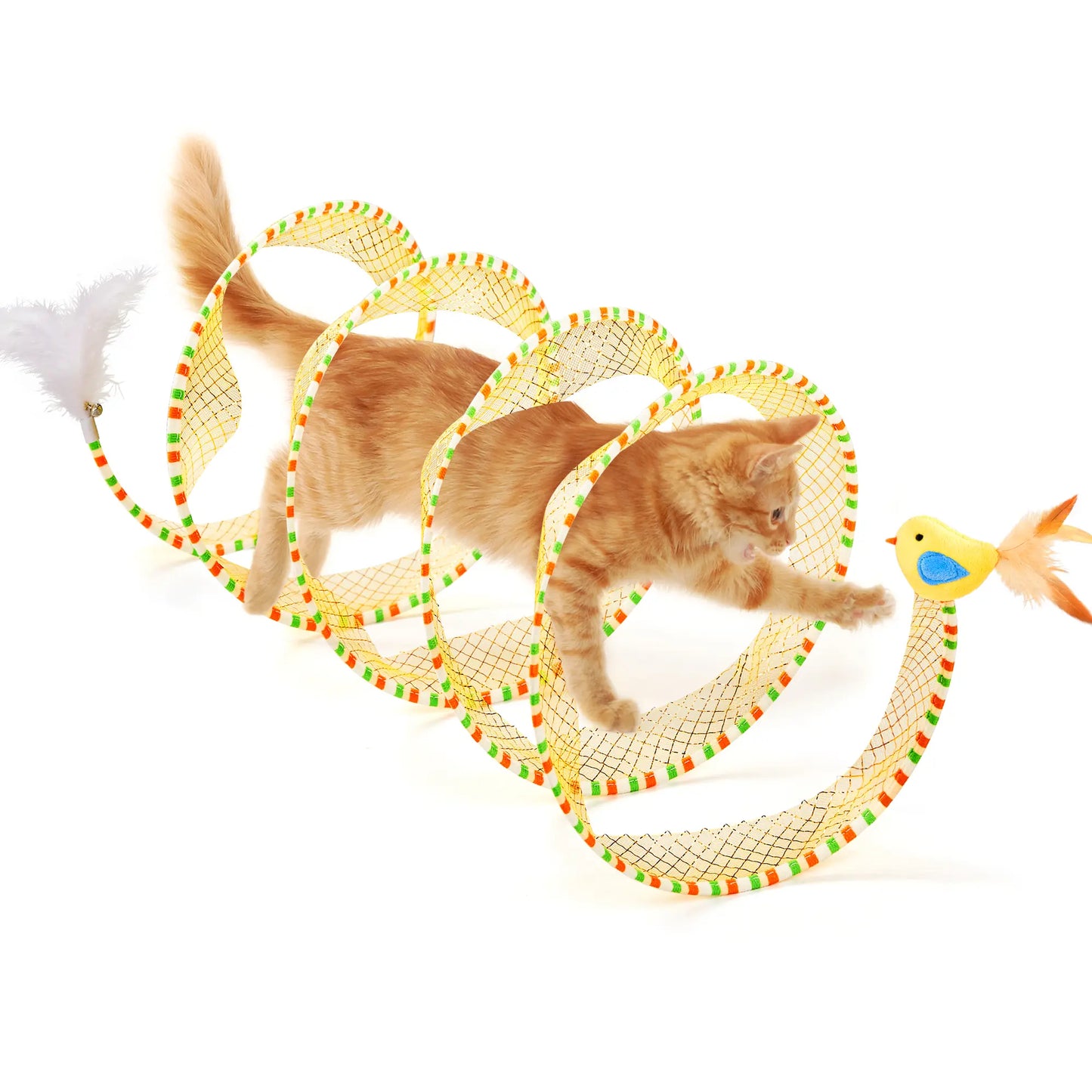 Potaroma Spiral Interactive Bell Toy Play Tunnel for Indoor Cats, Kittens - Collapsible Spring Design with Feather, 20" Unfolded (Interactive Play Tunnels), Bell Toy Play Tunnels