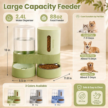 2-in-1 Gravity Pet Feeder & Water Dispenser Set - 88oz Food + 2.4L Water