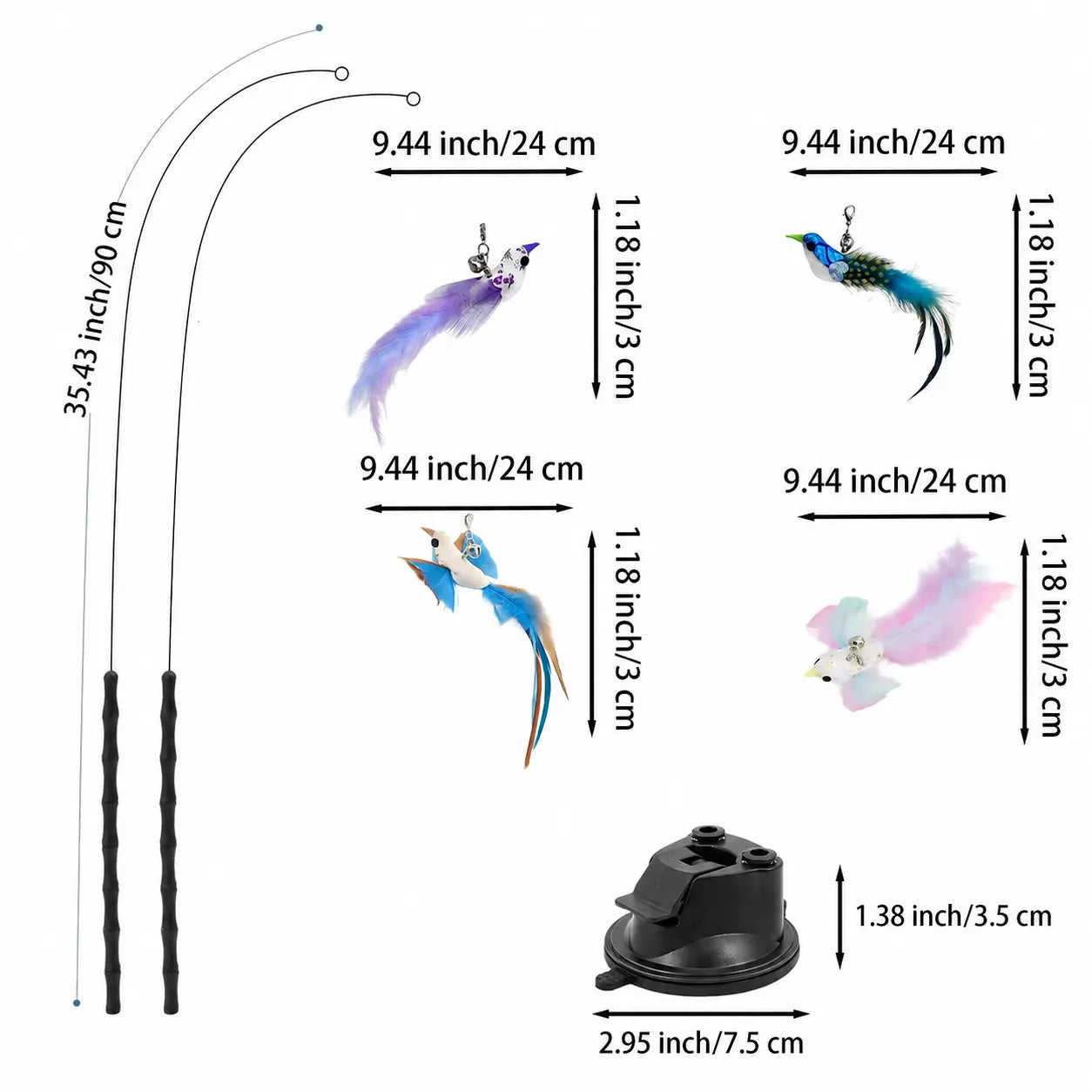 Interactive Cat Toy - 2-In-1 with Super Strong Suction Base, 2 Teaser Poles, Dual-Mode Hands-Free Wand, 4 Pcs Colorful Feather Birds for Solo Play & Hunting Fun, Interactive Toy