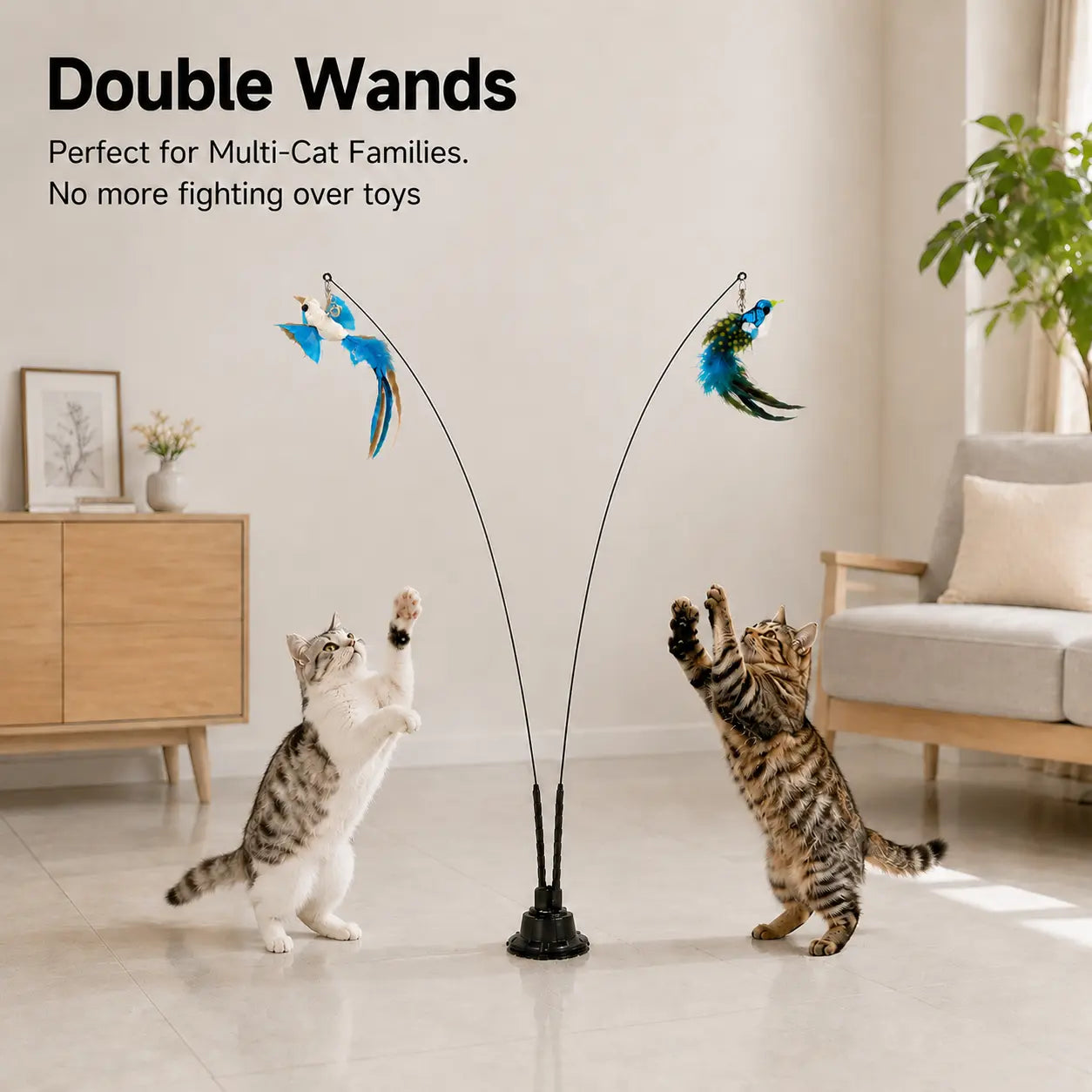 Interactive Cat Toy - 2-In-1 with Super Strong Suction Base, 2 Teaser Poles, Dual-Mode Hands-Free Wand, 4 Pcs Colorful Feather Birds for Solo Play & Hunting Fun, Interactive Toy