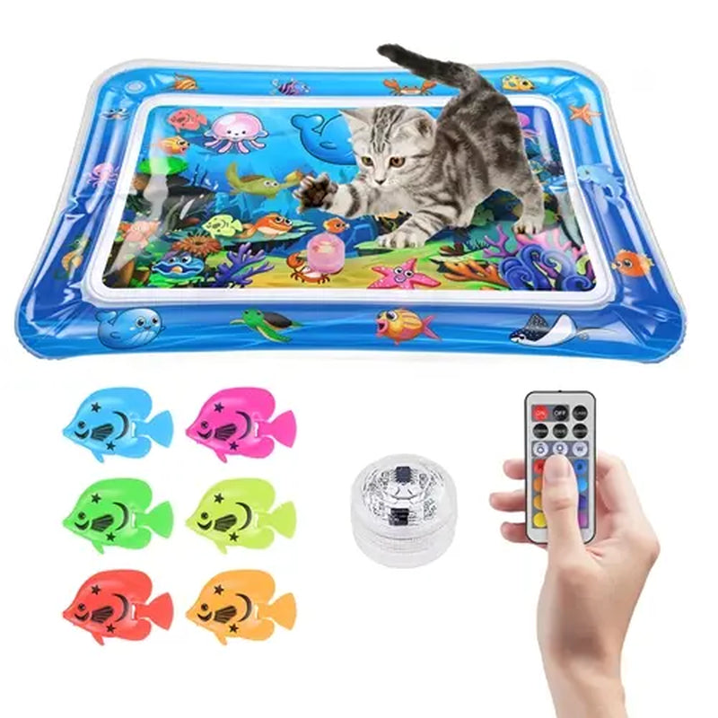 Cutiepawsome Interactive Sensory Water Mat for Kittens - 3D Floating Fish Toy, LED Light, Chirping Flapping Bird Wand, Thick PVC, Rechargeable USB-C, 440G, 67X47X7Cm/70X50Cm, Reduces Stress, Indoor Pet Enrichment Gift (Tiktok Shop Black Friday Trending),