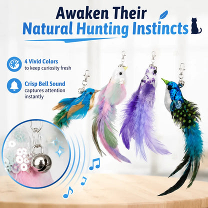 Interactive Cat Toy - 2-In-1 with Super Strong Suction Base, 2 Teaser Poles, Dual-Mode Hands-Free Wand, 4 Pcs Colorful Feather Birds for Solo Play & Hunting Fun, Interactive Toy