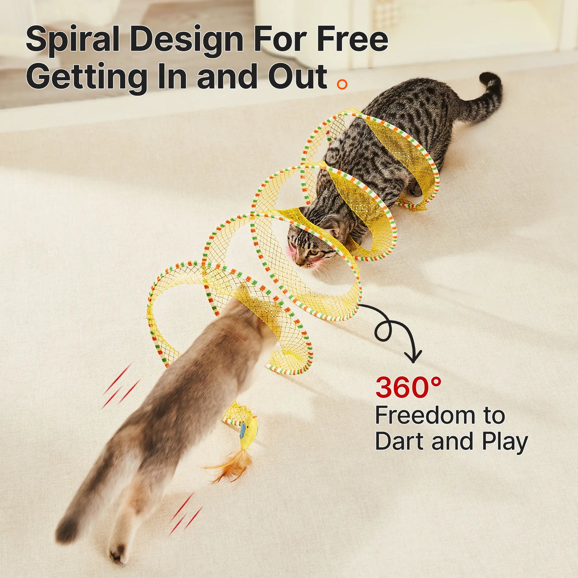 Potaroma Spiral Interactive Bell Toy Play Tunnel for Indoor Cats, Kittens - Collapsible Spring Design with Feather, 20" Unfolded (Interactive Play Tunnels), Bell Toy Play Tunnels