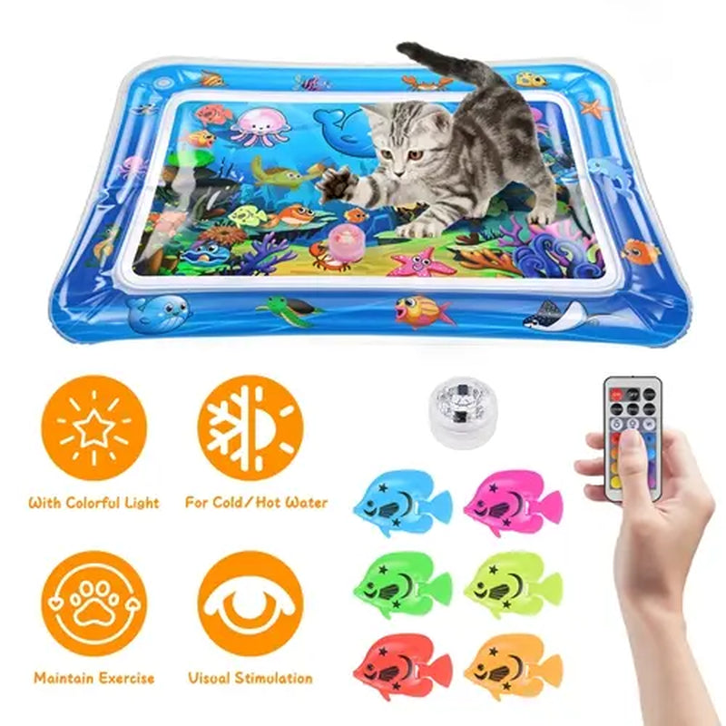 Cutiepawsome Interactive Sensory Water Mat for Kittens - 3D Floating Fish Toy, LED Light, Chirping Flapping Bird Wand, Thick PVC, Rechargeable USB-C, 440G, 67X47X7Cm/70X50Cm, Reduces Stress, Indoor Pet Enrichment Gift (Tiktok Shop Black Friday Trending),