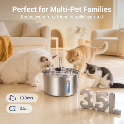 Stainless Steel Cat Water Fountain 3.5L - Dual Flow & Dry-Run Protection