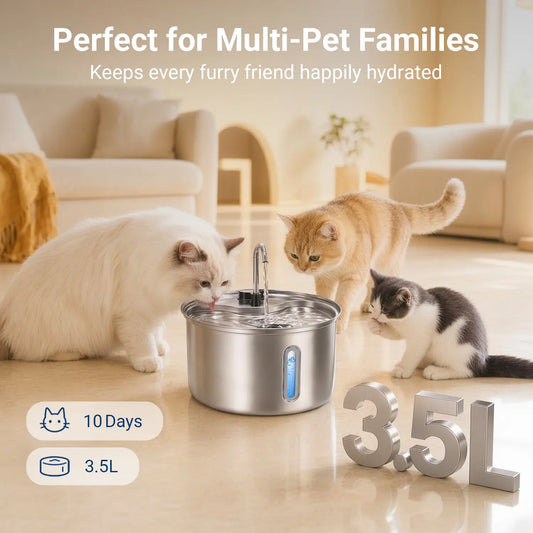 Stainless Steel Cat Water Fountain 3.5L - Dual Flow & Dry-Run Protection