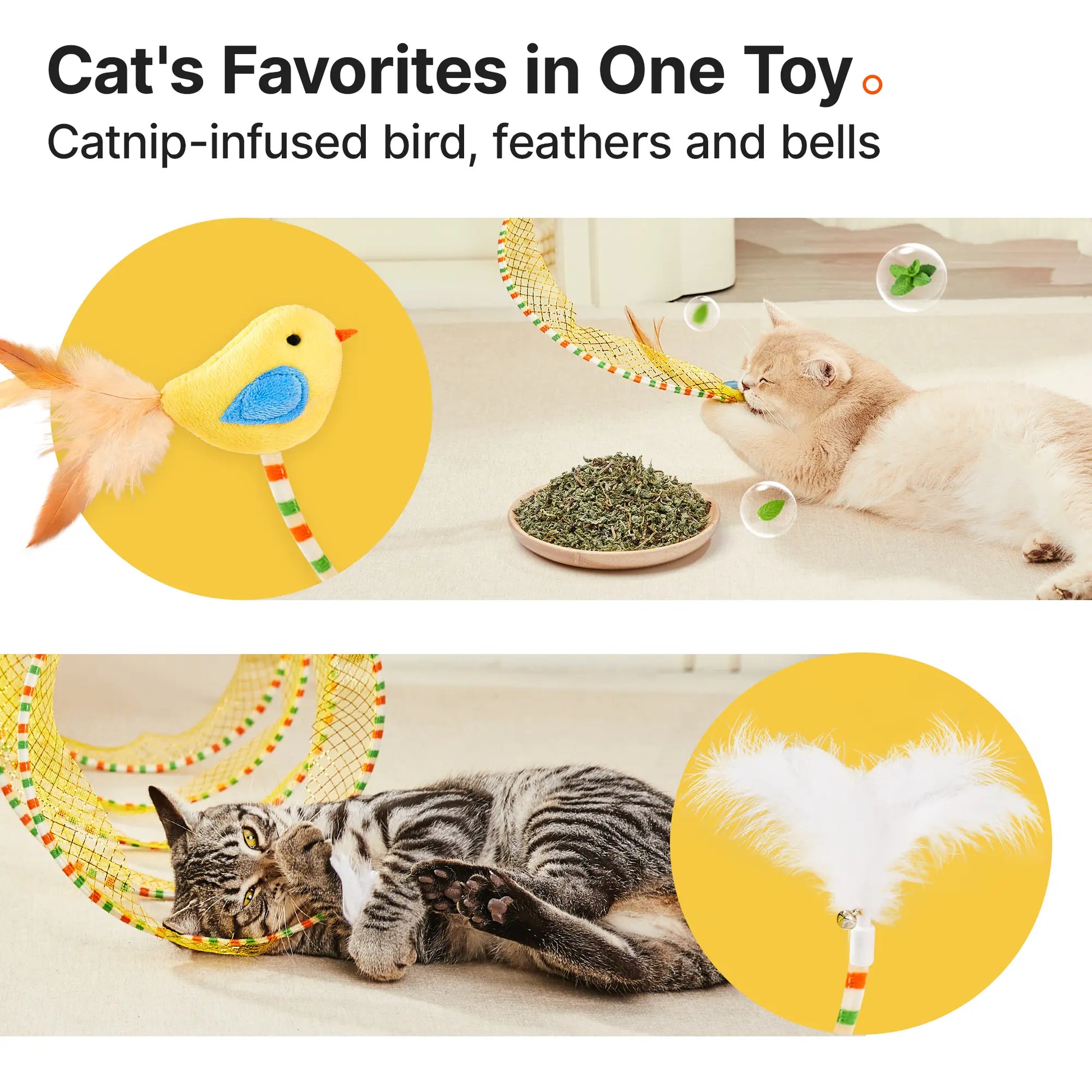 Potaroma Spiral Interactive Bell Toy Play Tunnel for Indoor Cats, Kittens - Collapsible Spring Design with Feather, 20" Unfolded (Interactive Play Tunnels), Bell Toy Play Tunnels