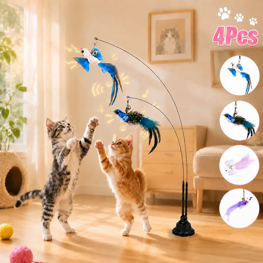Interactive Cat Toy - 2-In-1 with Super Strong Suction Base, 2 Teaser Poles, Dual-Mode Hands-Free Wand, 4 Pcs Colorful Feather Birds for Solo Play & Hunting Fun, Interactive Toy