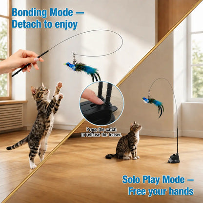 Interactive Cat Toy - 2-In-1 with Super Strong Suction Base, 2 Teaser Poles, Dual-Mode Hands-Free Wand, 4 Pcs Colorful Feather Birds for Solo Play & Hunting Fun, Interactive Toy